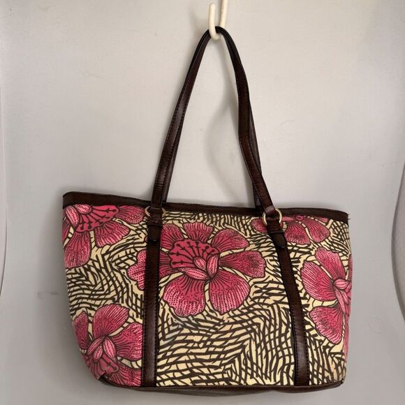Tommy Hilfiger Pink Floral Canvas Tote Bag Brown Leather Accents 17"x10"x5" EUC - Picture 5 of 16